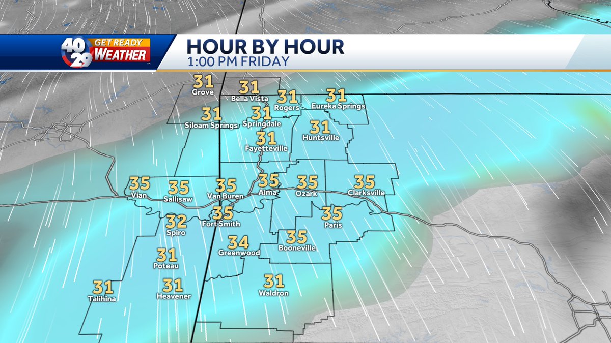 4029Darby's tweet photo. Snow is looking LIKELY for most of NWA &amp; the River Valley on Friday.

And while accumulating snow is also likely across most of the area, the range of possibilities remains relatively broad (everything from very light to heavier amounts). More details to come.
#arwx 
#okwx https://t.co/TKpTxJvS2u