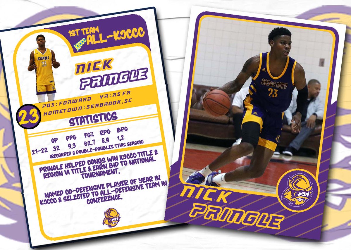🏀Congrats to Nick Pringle of <a href="/GoConqsMBB/">Dodge City Men’s Basketball</a> who earned 1st team All-KJCCC &amp; Co-Defensive Player of the Year &amp; All-Defensive team. He helped Conqs win KJCCC &amp; Region VI titles &amp; earn a spot at the National Tournament. He's averaging 9.3 ppg, 62.7% FG%, 8.9 rpg, 1.2bpg #GoConqs