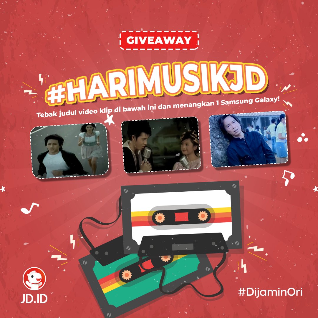 JDid's tweet photo. ✨GIVEAWAY SPESIAL HARI MUSIK NASIONAL CHECK! ✨

Cus, tebak judul dari video klip lejen ini dan menangkan 1 Samsung Galaxy! 🎶

Cara ikutan:
1. Follow @jdid, RT, &amp; Like tweet ini
2. Reply dengan jawabanmu
3. Mention 2 teman + pakai hashtag #HariMusikJD! https://t.co/Q45wG7oTnQ