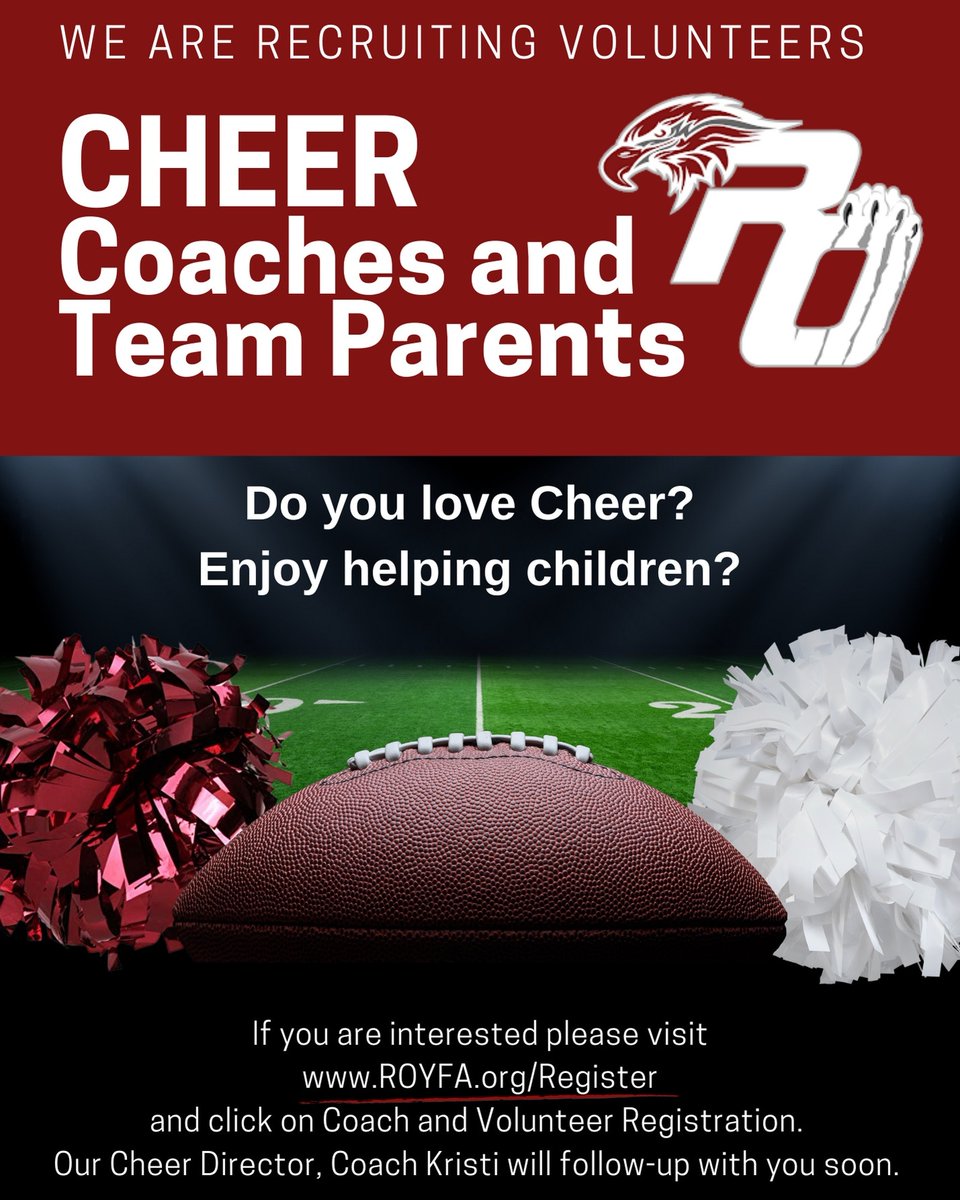 RedOakYFA's tweet photo. 📣 #ROYFA #Cheer is actively seeking volunteers for Coaching/Team Mom positions.
👉🏻No coaching exp. req.
👉🏻High School students can obtain volunteer hours for honors programs. [We are a non-profit organization.]
💥 Register online at https://t.co/gDcMs3BDh6 
#RedOakTx https://t.co/3hsCtzmHhx