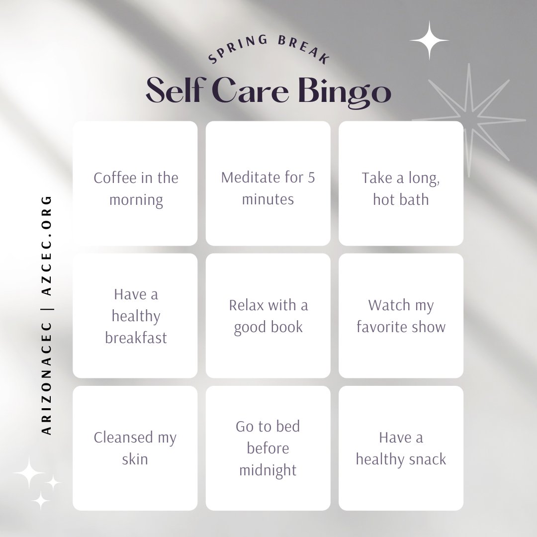 ArizonaCEC's tweet photo. Who else has been on Spring Break? For this week's #SelfCareSaturday, check and see if you've got a BINGO for your break!
#selfcareisselflove #teachersonspringbreak #AZCEC22 https://t.co/VFzpnpJGud