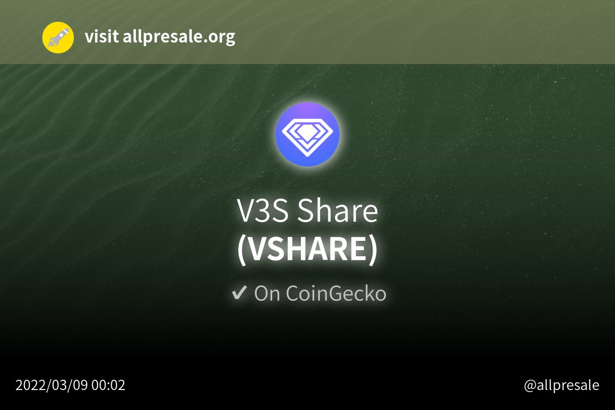 AllPresale's tweet image. V3S Share - VSHARE @v3sfinance has just been listed on CoinGecko. 
Find more information on allpresale.org/details/v3s-sh…  #V3S #Share #VSHARE 
#crypto #cryptocurrency #token #newtoken #allpresale