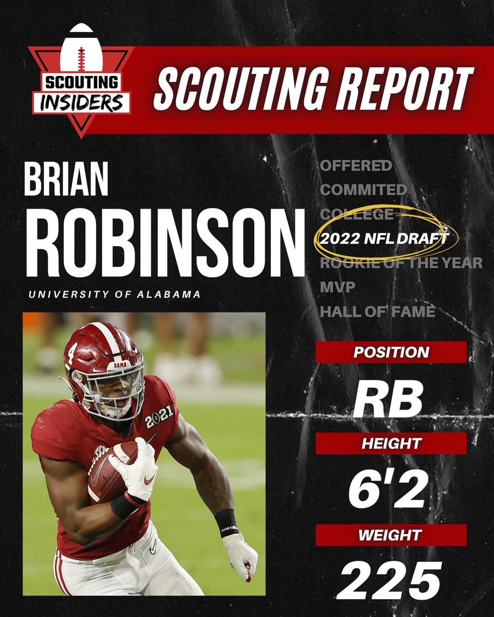 S_Insiders's tweet photo. 2022 NFL Draft Scouting Report: Brian Robinson, Running Back from Alabama
#NCAA #ncaafootball #collegefootball #college #football #CFB #sports #NFL #NFLDraft #nflfootball #nflnews #nflsunday #nflhighlights #alabamafootball #alabama #alabamacrimsontide #crimsontidefootball https://t.co/2lFIUYYIF0