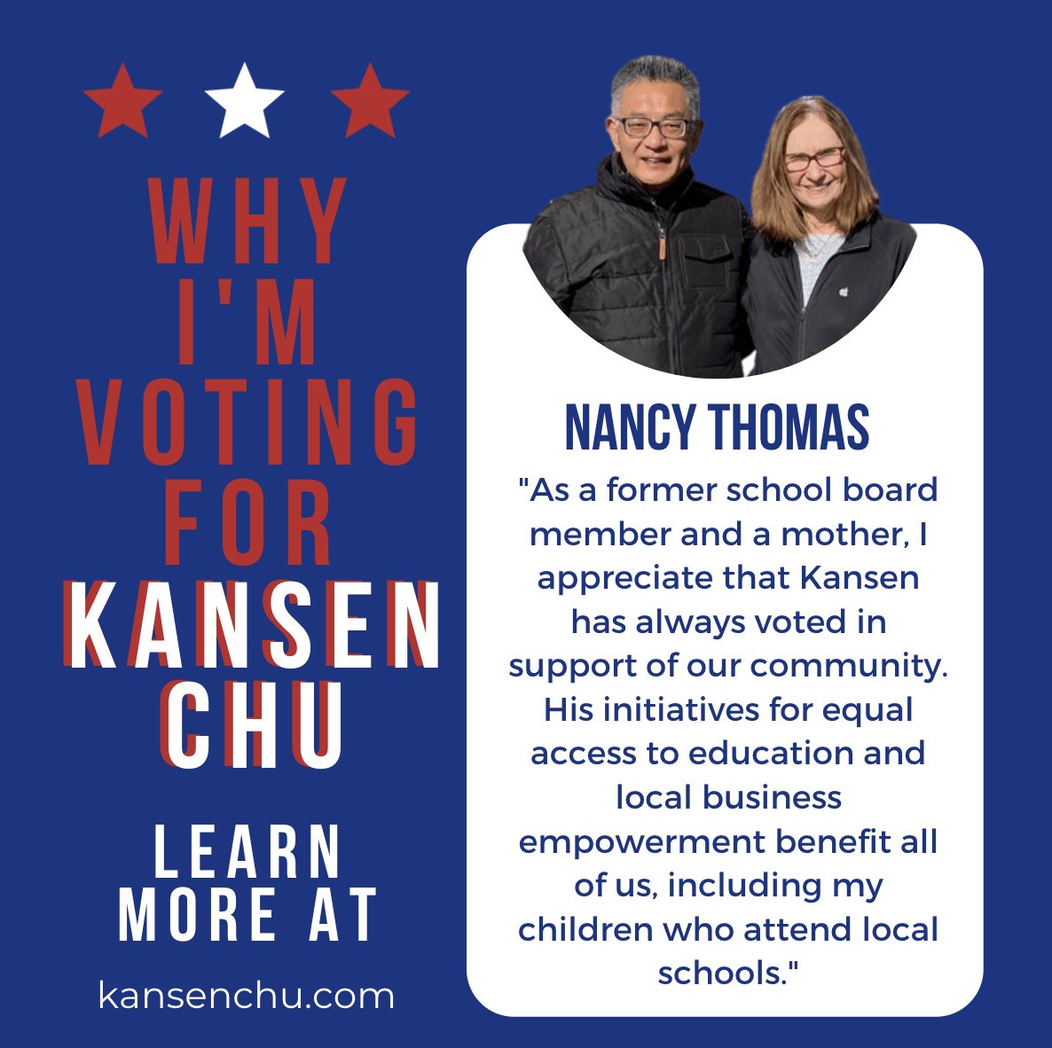 KansenChu's tweet photo. I really appreciate and listen to community feedback, so I'm honored when I receive positive responses. Nancy Thomas shares her appreciation for improvements in the public school system and my support for local businesses, which I will continue to fight for. #KansenChuforAssembly https://t.co/3QZqxD7UJp