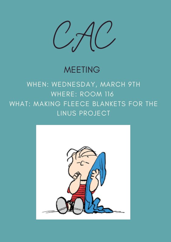 ShaClubs's tweet photo. CAC is learning about the Linus Project and then creating fleece tie blankets to donate to the Linus Project tomorrow, March 9th from 2:50- 3:50 in Room 116. Students that attend will receive one hour of service. https://t.co/Z7e1leH0W2