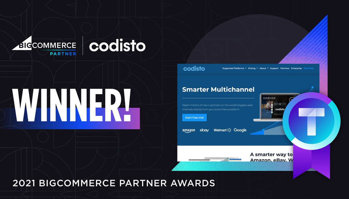 Codisto's tweet photo. We’re proud to announce that Codisto has won at the BigCommerce Partner Awards with the 2021 Customer Growth Award for the Americas. Find out how Codisto's exclusive free and discounted plans for BigCommerce can help you grow your brand with multichannel: https://t.co/ikIIUnjCKo https://t.co/mvSsPF6hp1
