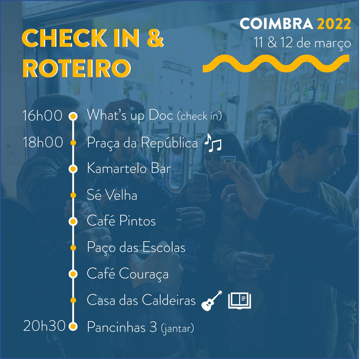 📍 Hoje apresentamos o roteiro por Coimbra!

🔵 A partir das 16h, estaremos no What’s Up Doc, na Praça da República, para te recebermos!

📆 Nos dias 11 e 12 de marco, todos os caminhos vão dar a Coimbra!
bit.ly/inscricao_eneaz