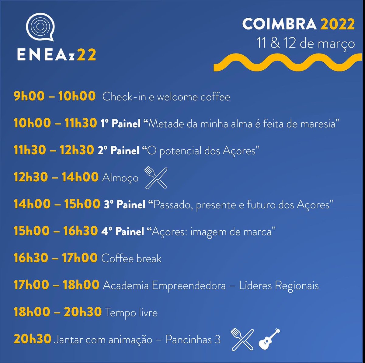 ⏩ Hoje apresentamos o programa!

🚀 Como temos vindo a anunciar, temos várias conferências preparadas para ti!

📆 Nos dias 11 e 12 de março, vem ter connosco a Coimbra!
bit.ly/inscricao_eneaz