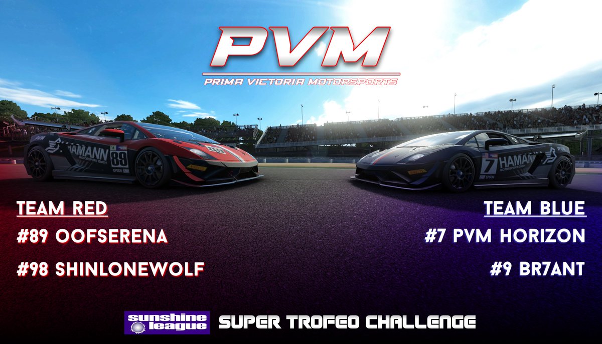PVM_Motorsports's tweet photo. 🔴🔵 Officially revealing our liveries for @SunshineLeague Super Trofeo Challenge which kicks off this Thursday! 🔵🔴

Got us some beautiful rides for this one 😍😍

Both liveries by @oofserena_ 🎨 https://t.co/KBxQzDpSai