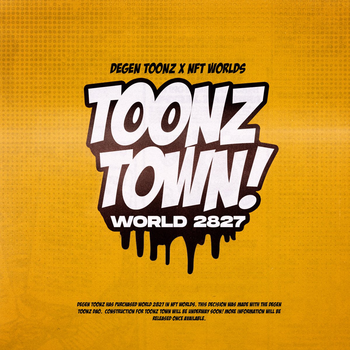 We have purchased the DAO selected land for our metaverse implementation! World 2827 in <a href="/nftworldsNFT/">NFT Worlds</a> will become #TOONZTOWN! #TOONZ #toonztothemoon