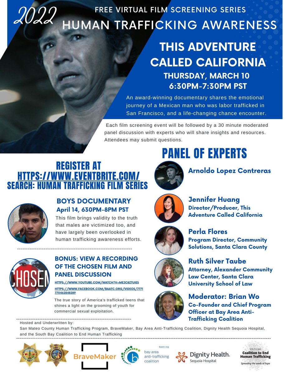 LAST CHANCE to see This Adventure Called California for free for a while!  Join us online: Thurs, March 10, at 6:30. Register for Free: tinyurl.com/2p8tn5j4  Panelists Perla Flores, Ruth Silver-Taube and Brian Wo have deep knowledge of trafficking right here in the Bay Area.