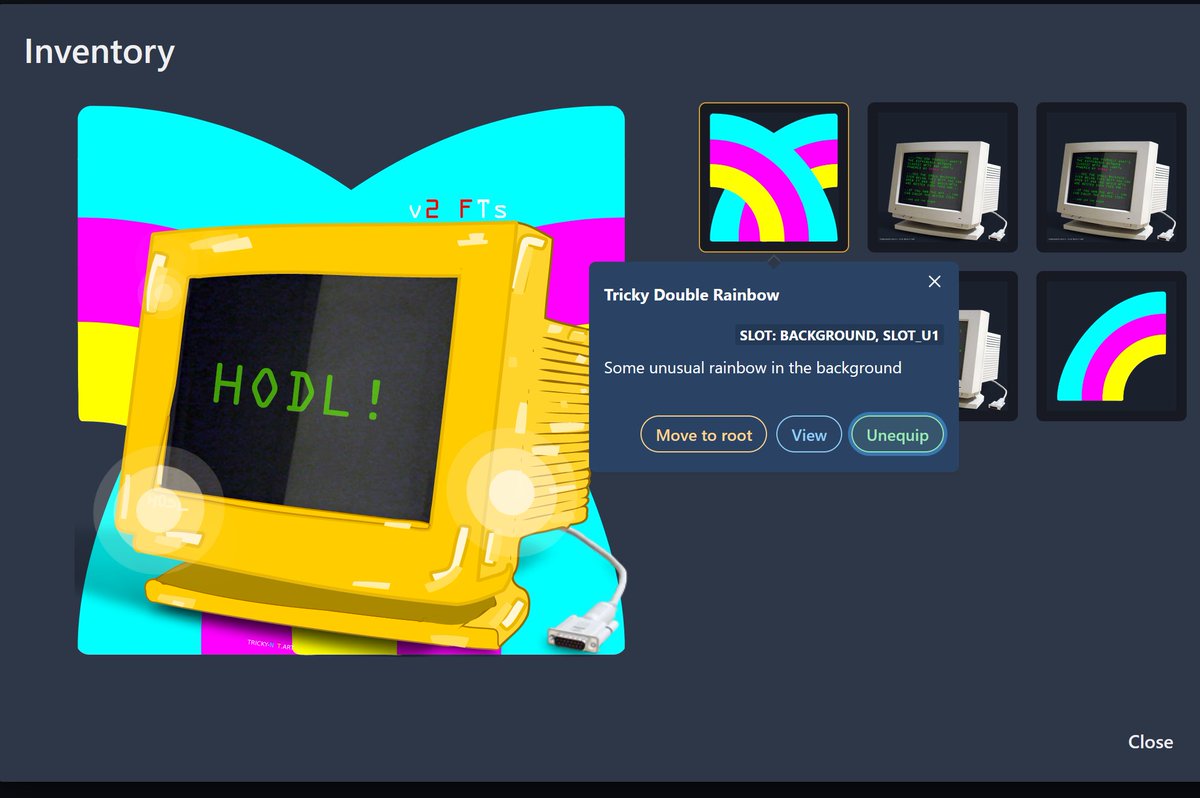 Tricky_NFTs's tweet photo. #RMRK2splaining: conditional rendering on #RMRK2
same item. two different parent NFTs.
the item has a fitting resource for each item.
it's.... kinda magic๐ถ๐๐
powered by worlds first crossequippable #v2NFT - the Tricky Double Rainbow https://t.co/JvpABMODeZ
