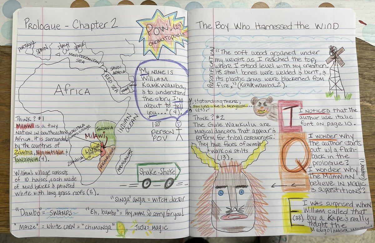 146reads1's tweet photo. Did my first #thoughtnotes spread for the first chunk of The Boy Who Harnessed the Wind I had fun adding @studysync think ? &amp; some #TQE Using the bookmark we made last week &amp; the novel guide helped focus my reading and doodles @Ms_Woz what do you think? #StrongerTogether https://t.co/XUIUphHibr