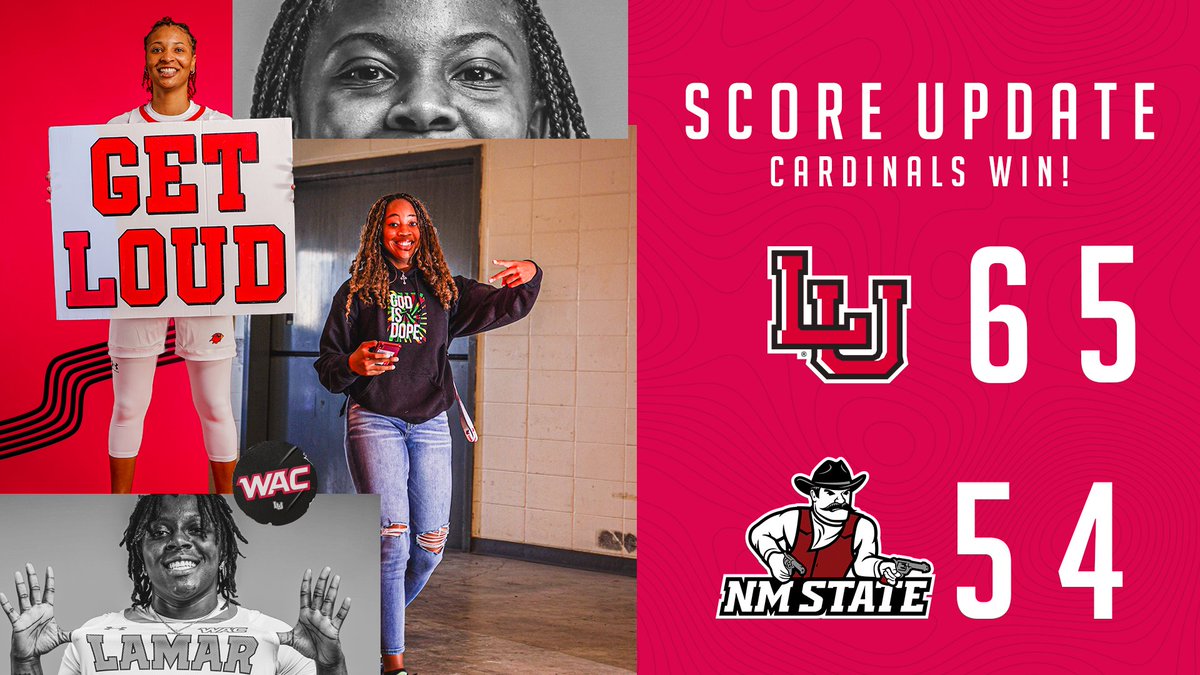 LamarWBB's tweet photo. CARDS WIN! 

Cardinals use dominant second half to claim first WAC Tournament win over New Mexico State. Cardinals will take on Sam Houston tomorrow at 4:30 PM central.

#WeAreLU https://t.co/Yvziekfq6N