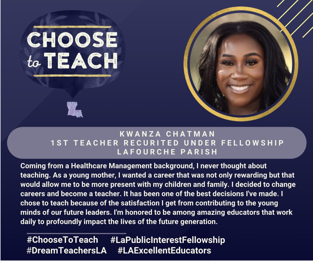 Congratulations to the first person recruited during the Choose to Teach Fellowship! Thank you Mrs. Chatman for making the decision to teach!🥳🤩🎉🎈 
#choosetoteachla #dreamteacherla #ldoe