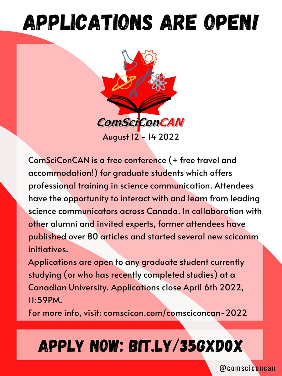 Looking to hone your #scicomm skills and propel them to a future career in the field? Apply to #ComSciConCAN22 workshops to receive FREE and CANADIAN training from leading experts across the Canadian landscape. For more info see the pic below or DM me.