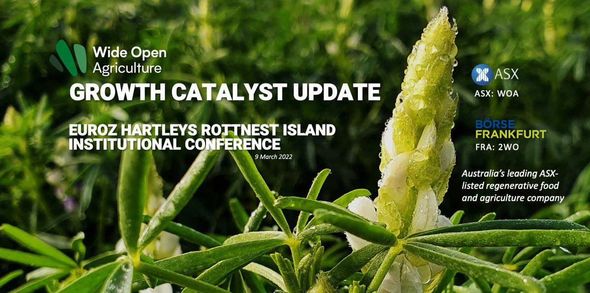 Wide Open Agriculture's Managing Director Dr Ben Cole will present the following Growth Catalyst Update at Euroz Hartley's Institutional Conference today.

WOA's founding Chairman Anthony (Maz) Maslin will also attend the event. 

wideopenagriculture.com.au/sites/default/…