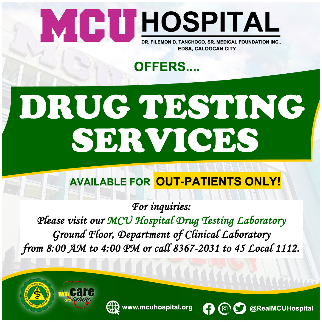 RealMCUHospital's tweet photo. Book your appointment today!

MCU Hospital Department of Clinical Laboratory offers Drug Testing Services every Monday to Friday 8:00 am-4:00 pm (Releasing: The following day) https://t.co/7QkA97dhnO