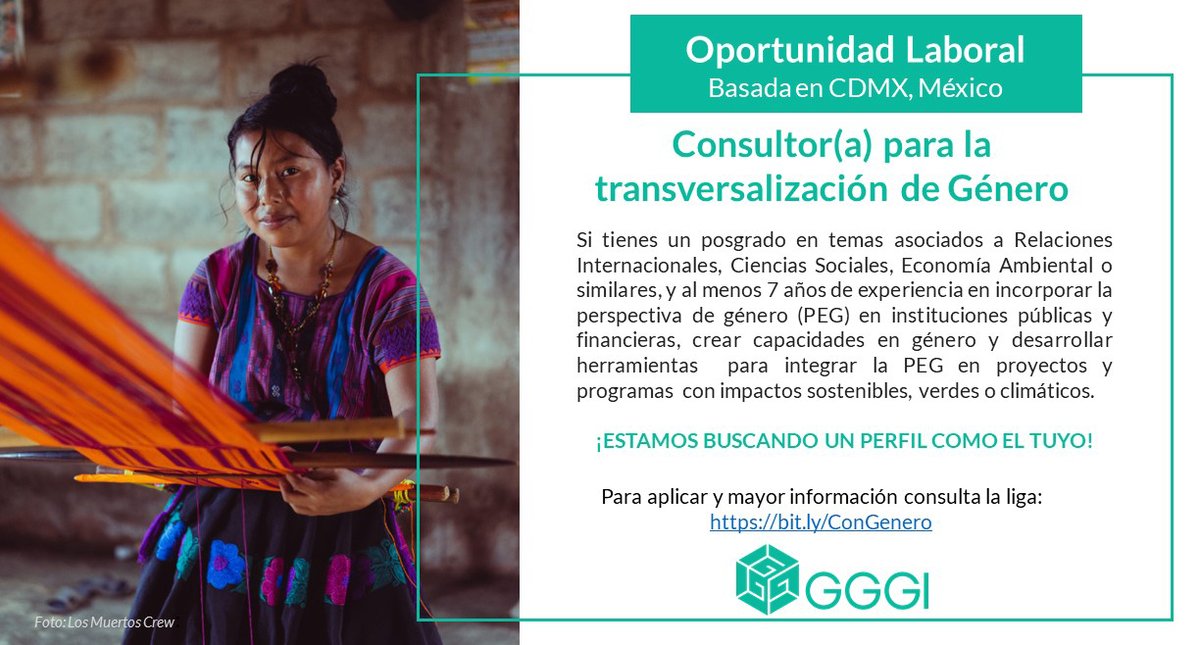 gggimex's tweet photo. 📣 ¡Trabaja con el #GGGI! 📍CDMX
¿Tienes posgrado en Relaciones Internacionales, Ciencias Sociales, Economía Ambiental y 7 años de experiencia en PEG? 
Aplica a la:
🔸CONSULTORÍA PARA LA TRANSVERSALIZACIÓN DE GÉNERO ♀️
Toda la info 👉 https://t.co/IIYSQ0jOAx https://t.co/U52xoyJJJ5