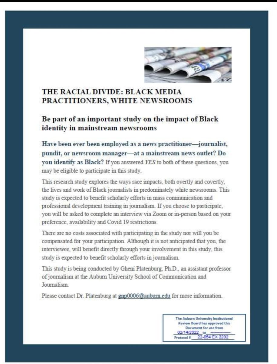 #BlackJournalists needed for #Research study! Your participation and/or help in spreading the word would be greatly appreciated! Participation can be on-the-record  OR anonymous. #ToPleadOurOwnCause #RESEARCHCALL #Journalism #MediaResearch #CallForParticipants #Diversity #NABJ