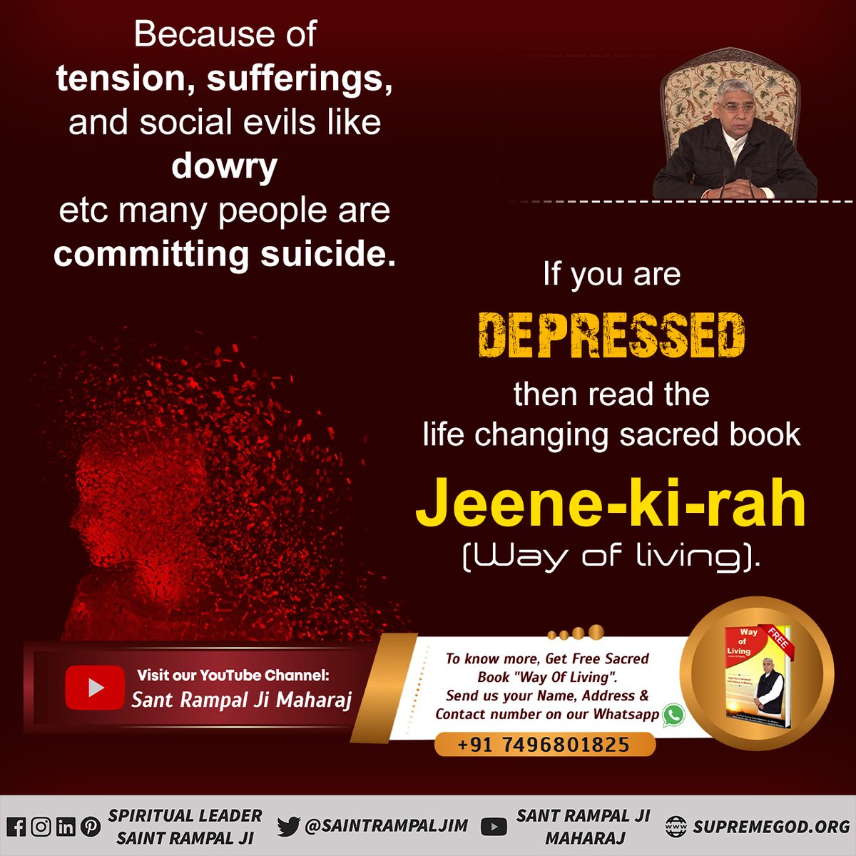 Antriksha_Das's tweet photo. #GodMorningWednesday
Anxiety and stress cause depression.
For a stress-free life must read the life changing books "Gyan Ganga" and "Way Of Living" by Spiritual Leader Sant Rampal Ji Maharaj.

For more information visit our YouTube Channel "Satlok Ashram".
#SolutionForDepression https://t.co/w6qXVVsb5r