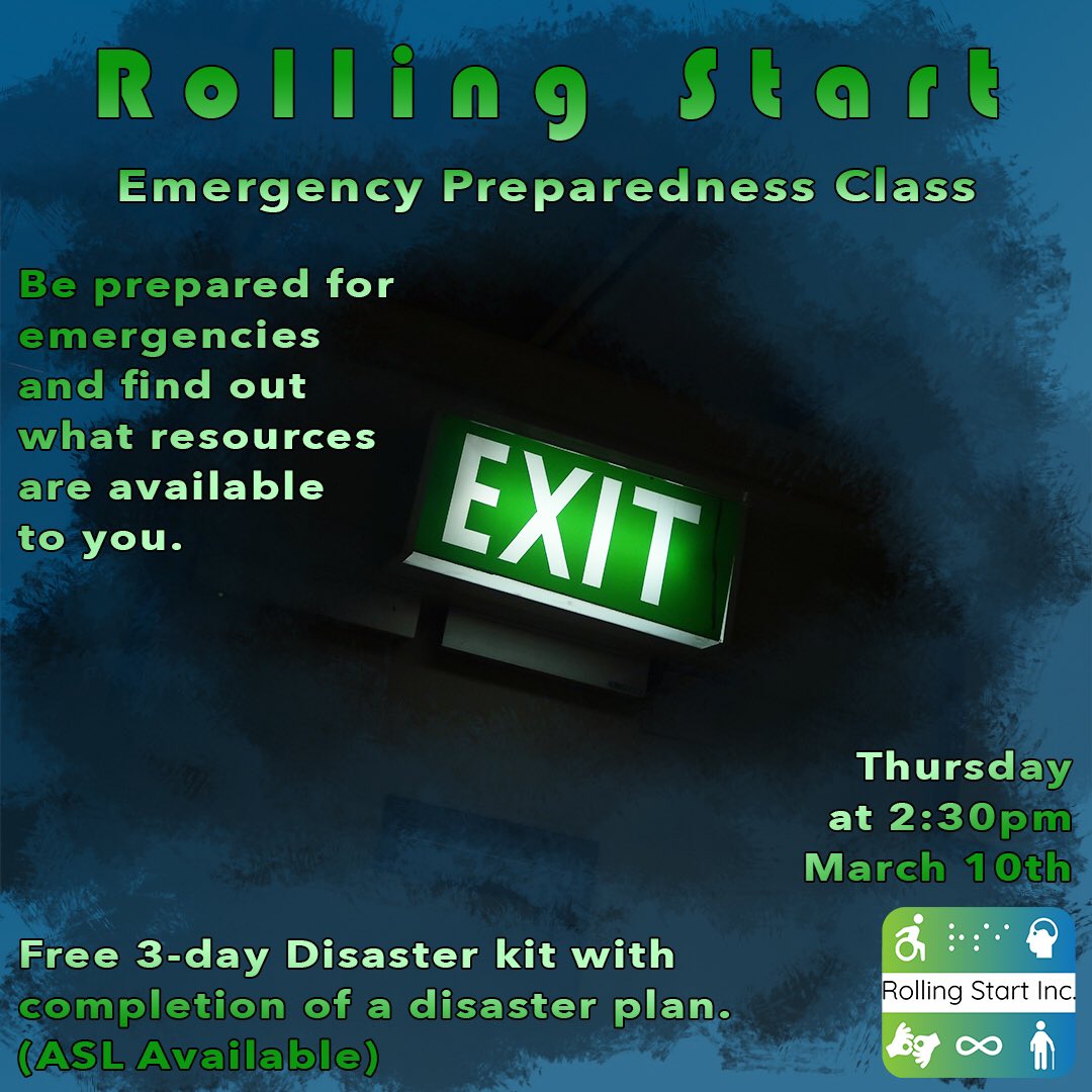 RollingStartInc's tweet photo. Emergency Preparedness Class
Thursday
at 2:30pm
March 10th
Be prepared for emergencies and find out what resources are available.
Free 3-day Disaster kit with completion of a disaster plan.
(ASL Available)
@sce #DDAR #DAFN #CaliforniaForAll #emergency #disaster #preparedness https://t.co/9rM3QIKrXO