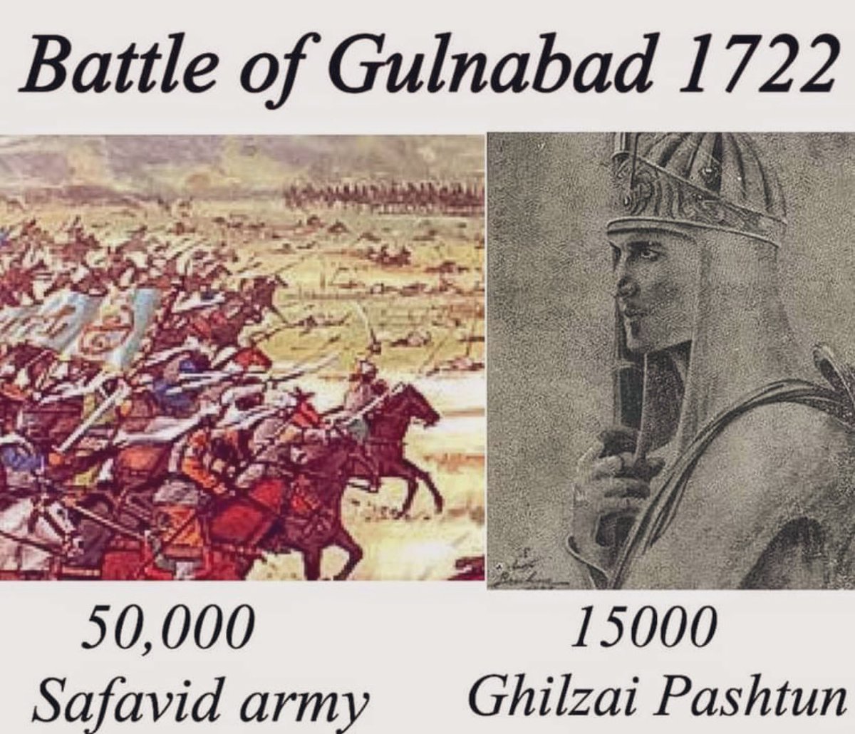 AfghanHistorian's tweet photo. March 8, 1722: Afghans win the Battle of Gulnabad and begin to rule Persia. The victory of King Mahmoud Hotak cemented the eventual fall of Safavid Dynasty. After Gulnabad, Afghans laid siege of Isfahan for 6 months and then took the Safavid Empire capital. https://t.co/pd6wRTKiRH