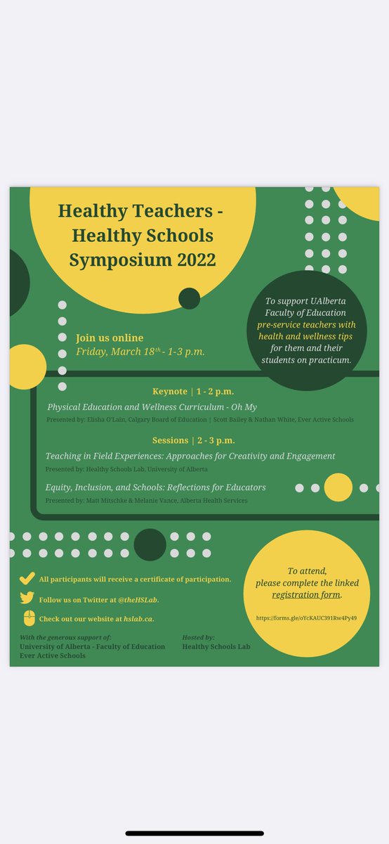 theHSLab's tweet photo. Calling all @UAlbertaEd undergraduate students! Join us March 18th for the Healthy Teachers Healthy Schools Symposium for pre-service teachers. Great PD, fabulous on the resume, &amp; tips to support your health &amp; wellness. See you there! @EverActiveAB https://t.co/mX2N6o0lix