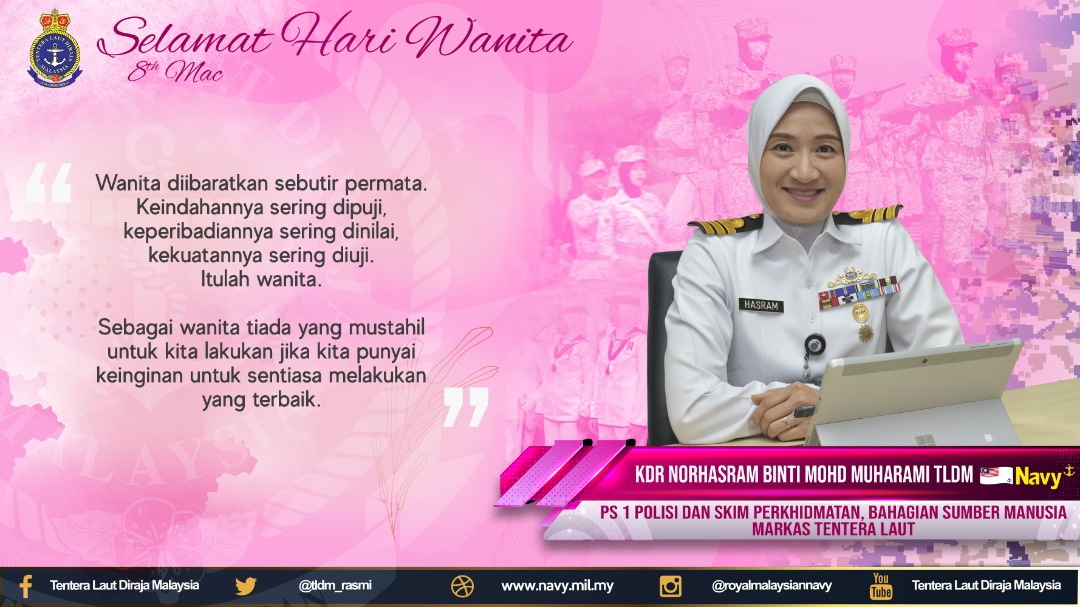 tldm_rasmi's tweet photo. "Sebagai wanita tiada yang mustahil untuk kita lakukan jika kita punyai keinginan untuk sentiasa melakukan yang terbaik."
Kdr Norhasram binti Mohd Muharami TLDM

#IWD2022 
#SaksamaBersama 
#GenderEqualityTodayForASustainableTomorrow 
#BreaktheBias https://t.co/BisJ04YbLR