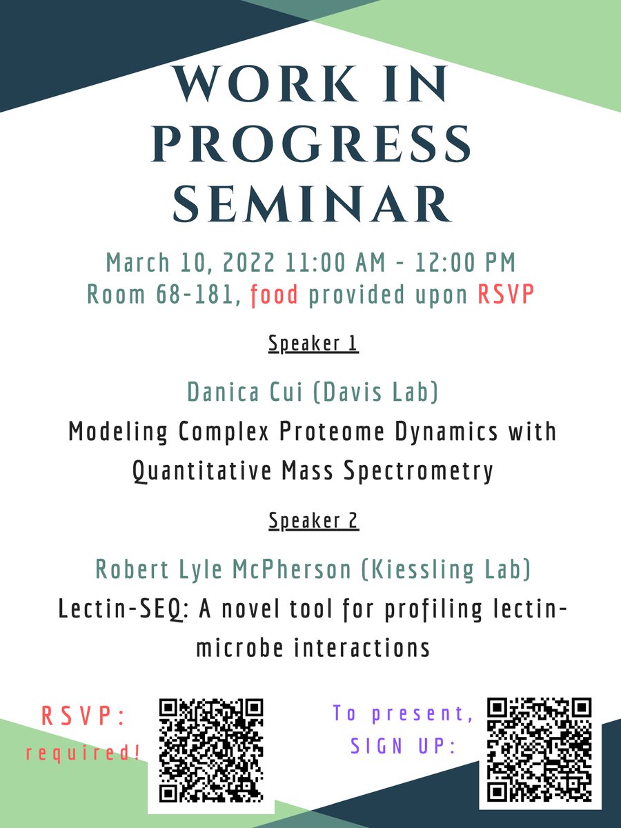MITBioPostdoc68's tweet image. The next Work in Progress Seminar is this Thursday, March 10th, 2022 -- Join us in room 68-181 from 11 AM - 12 PM to hear from postdocs Danica Cui (@ds_cui) and Lyle McPherson (@LyleMcPherson1 ).
All @MITBiology postdocs are welcome! Please RSVP: forms.gle/MZEbePDgQq4FWN…