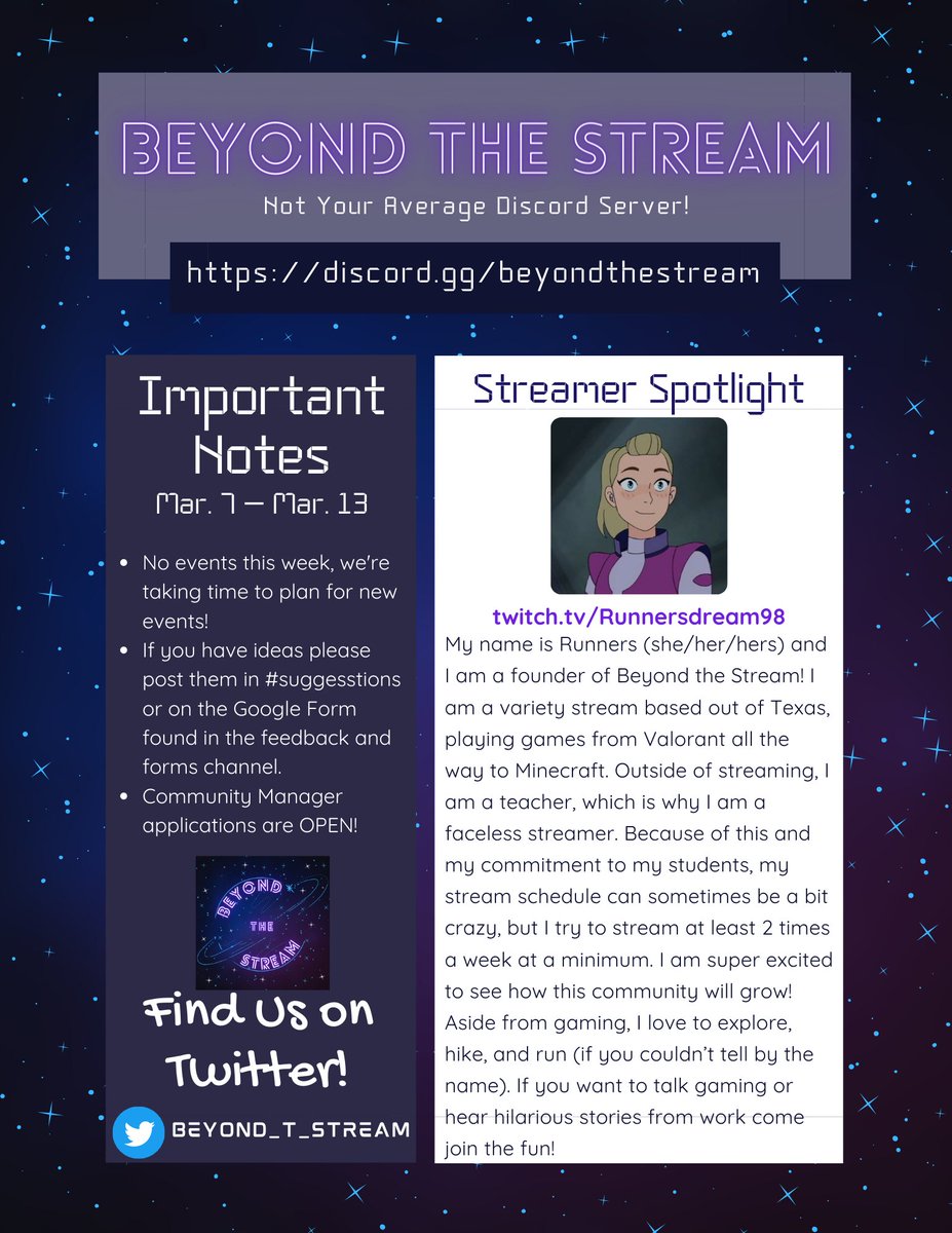 Beyond_t_Stream's tweet photo. Weekly newsletter time! No events this week as we are planning future events! Community Manager applications are open! Our streamer spotlight is Runnersdream98! https://t.co/Mo8PZf3nW4
