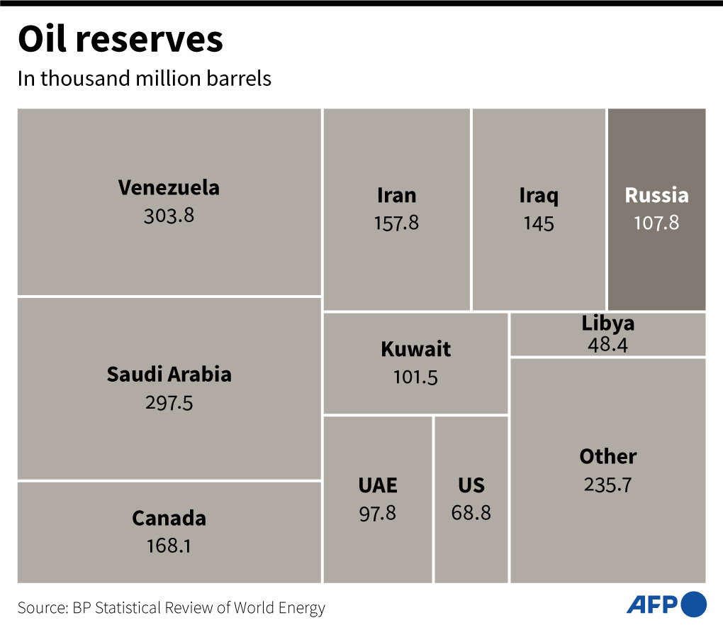 AFP's tweet photo. Oil reserves.

#AFPgraphics on global oil reserves in thousand million barrels according to BP Statistical Reserves of World Energy https://t.co/6emkAoKwtJ