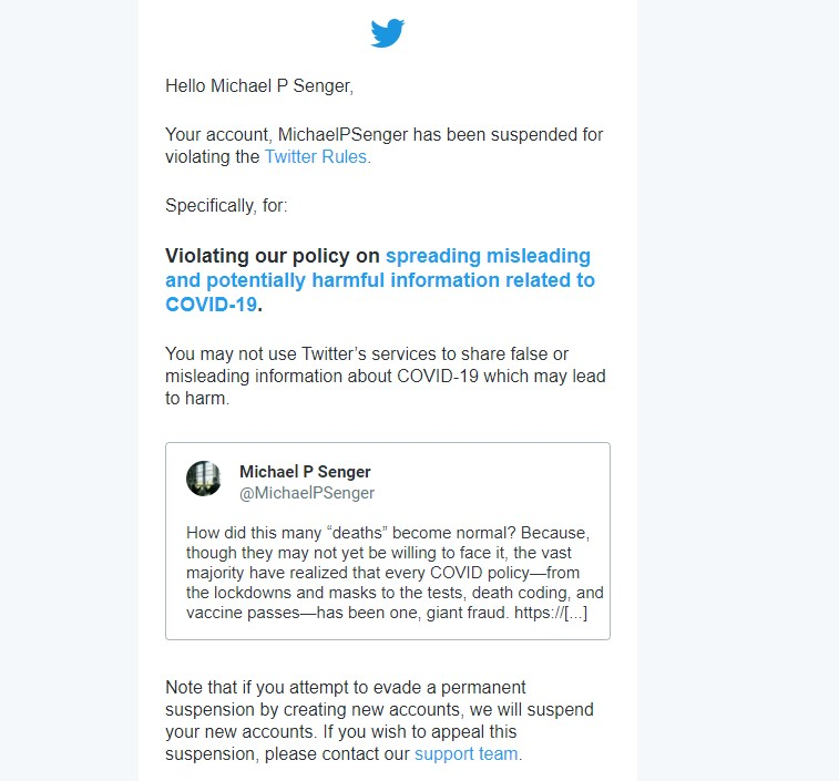JeninYounesEsq's tweet photo. Twitter has permanently suspended Michael Senger for the tweet below.  This is shocking and tragic, and follows on the heels of Daniel Kotzin's (thankfully temporary) suspension.  They are trying to silence us, and I assume the same fate will befall me soon. https://t.co/dorYaIeMJL