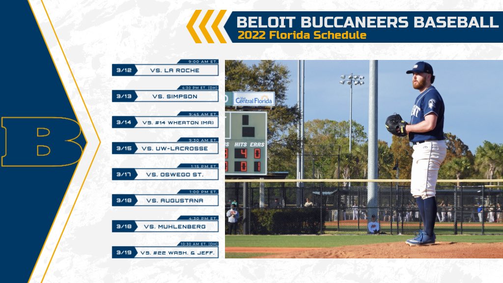 beloit_baseball's tweet photo. Here’s our 2022 Florida Schedule. The first game is just a couple days away!
#LetsGoBucs #HereWeGo #BeloitBaseball #D3Baseball https://t.co/0Dgylv4ZRQ
