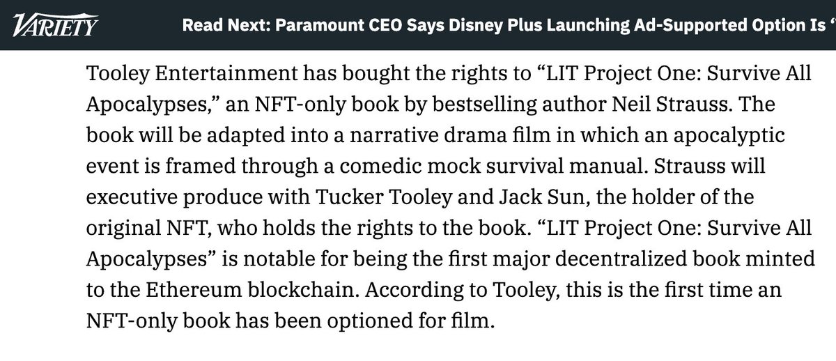 LITWTF's tweet photo. We're excited to announce LIT Project One: Survive All Apocalypses has been optioned for film/TV by Tooley Entertainment. Producers are Tucker Tooley (Limitless, Den of Thieves), author @neilstrauss and NFT holder @hhjacks. This is the 1st NFT-only book ever optioned for film/TV. https://t.co/nDX7MQvT2X