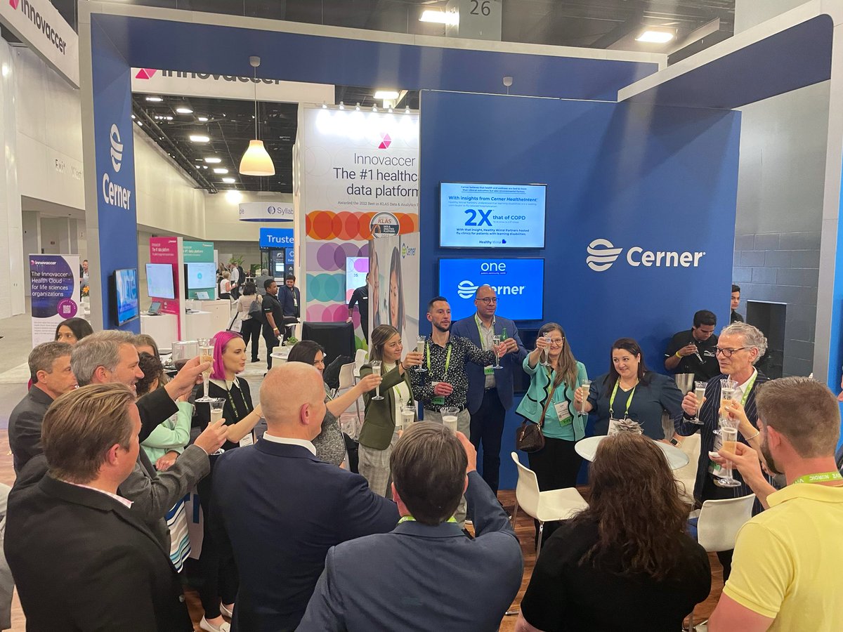 We gathered in our #ViVE2022 booth earlier for a toast to everyone who made #CernerAtViVE happen! Thanks to all the @Cerner associates whose hard work made this such a memorable event.