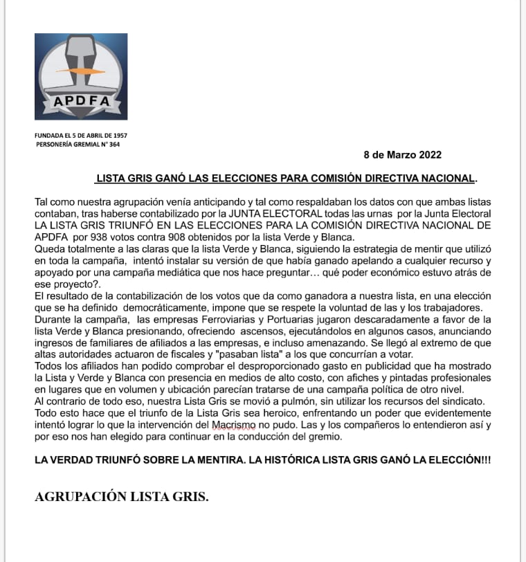 ApdfaListaGris's tweet photo. FINALMENTE TRIUNFO LA LISTA GRIS. Inmensamente agradecido a las y los compañeros que nos apoyaron con su voto. https://t.co/CwozmY0AFD
