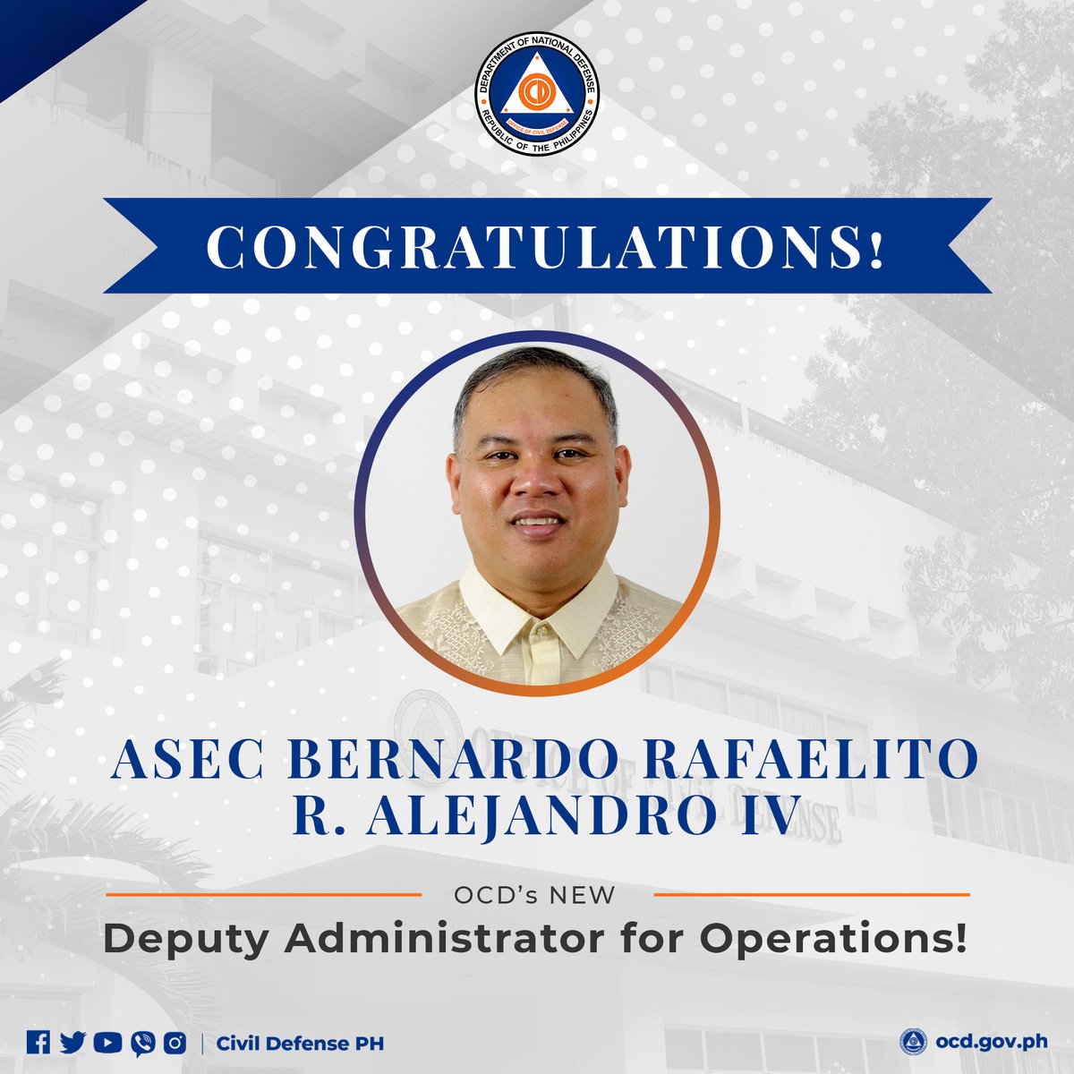 civildefensePH's tweet photo. Maligayang bati para sa pagkakatalaga bilang Assistant Secretary at bagong Civil Defense Deputy Administrator for Operations ng aming mahal na (dating director for Operations) G. Bernardo Rafaelito R Alejandro IV, MNSA, CESO IV!

Congratulations, Asec Raffy! https://t.co/V5kc0XpvyZ