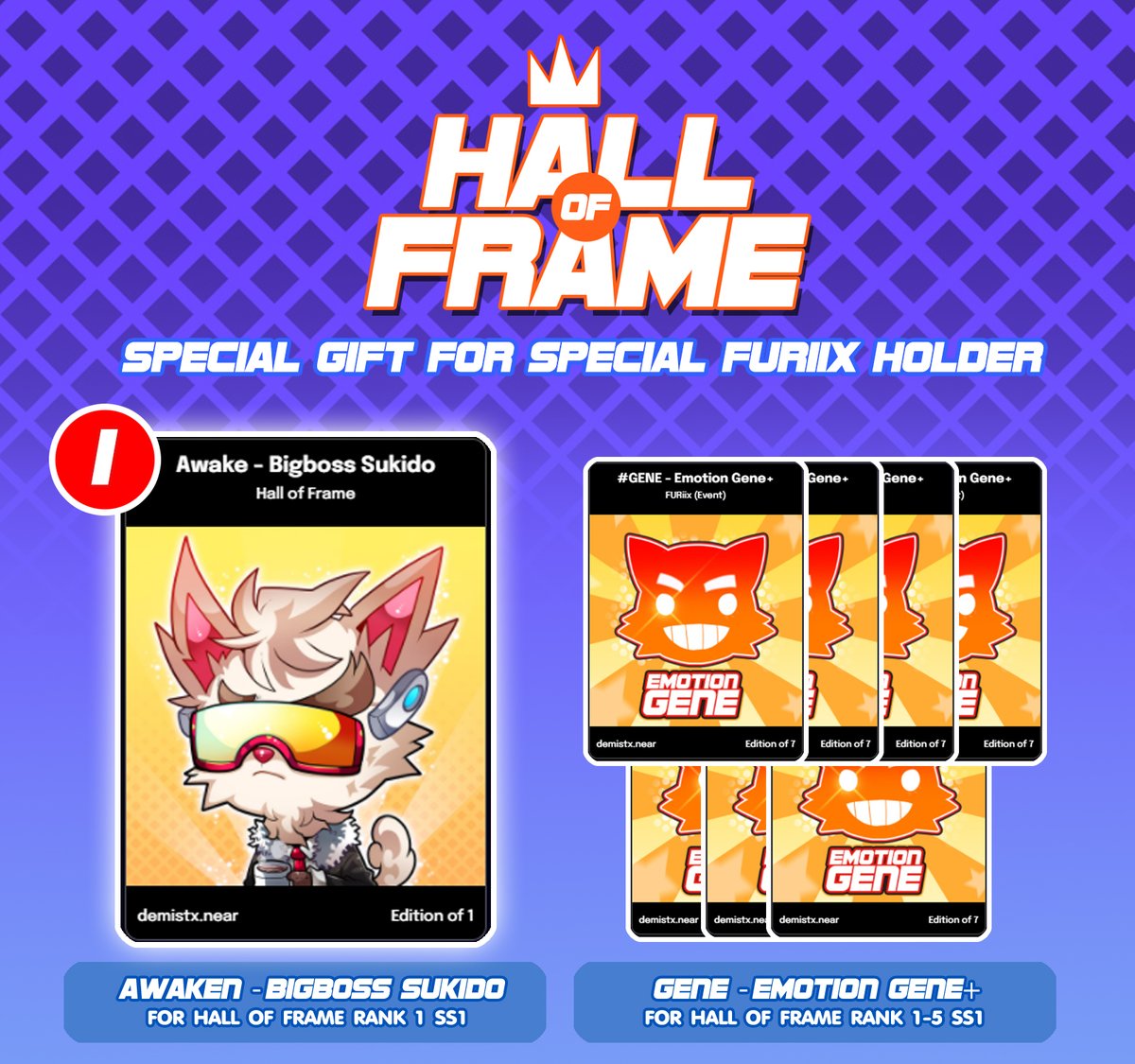 Hall of Frame RANKING SS1 . 🏆
Thank you all for your interest in FURIix.
And here's a small reward for the Special Holder. ⚔️🐱
paras.id/demistx.near/c…
.
#NEAR #NEARProtocol #nearNFTs #PARASnft  #NFT   #NFTTHAILAND #nftcollector #NFTdrop #NFTCommunity #NFTartists #NFTCollection