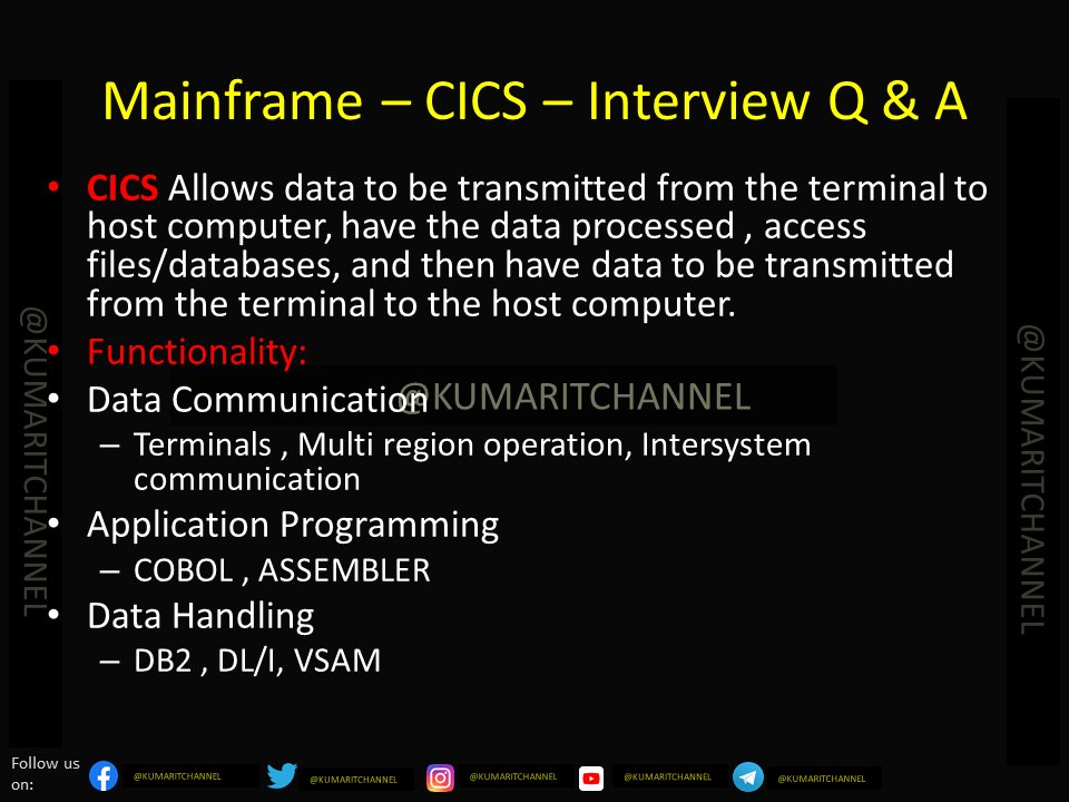 kumarITChannel's tweet image. Mainframe CICS - INTERVIEW Q &amp;amp; A

Happy Learning!!  For more  Videos on Mainframe topics  like COBOL / JCL / DB2 / CICS / VSAM / PL/I &amp;amp; Interview Q &amp;amp; A ,..
Stay connected on :
Youtube:
youtube.com/kumaritchannel

#IBM #KUMARITCHANNEL #MAINFRAME #interview