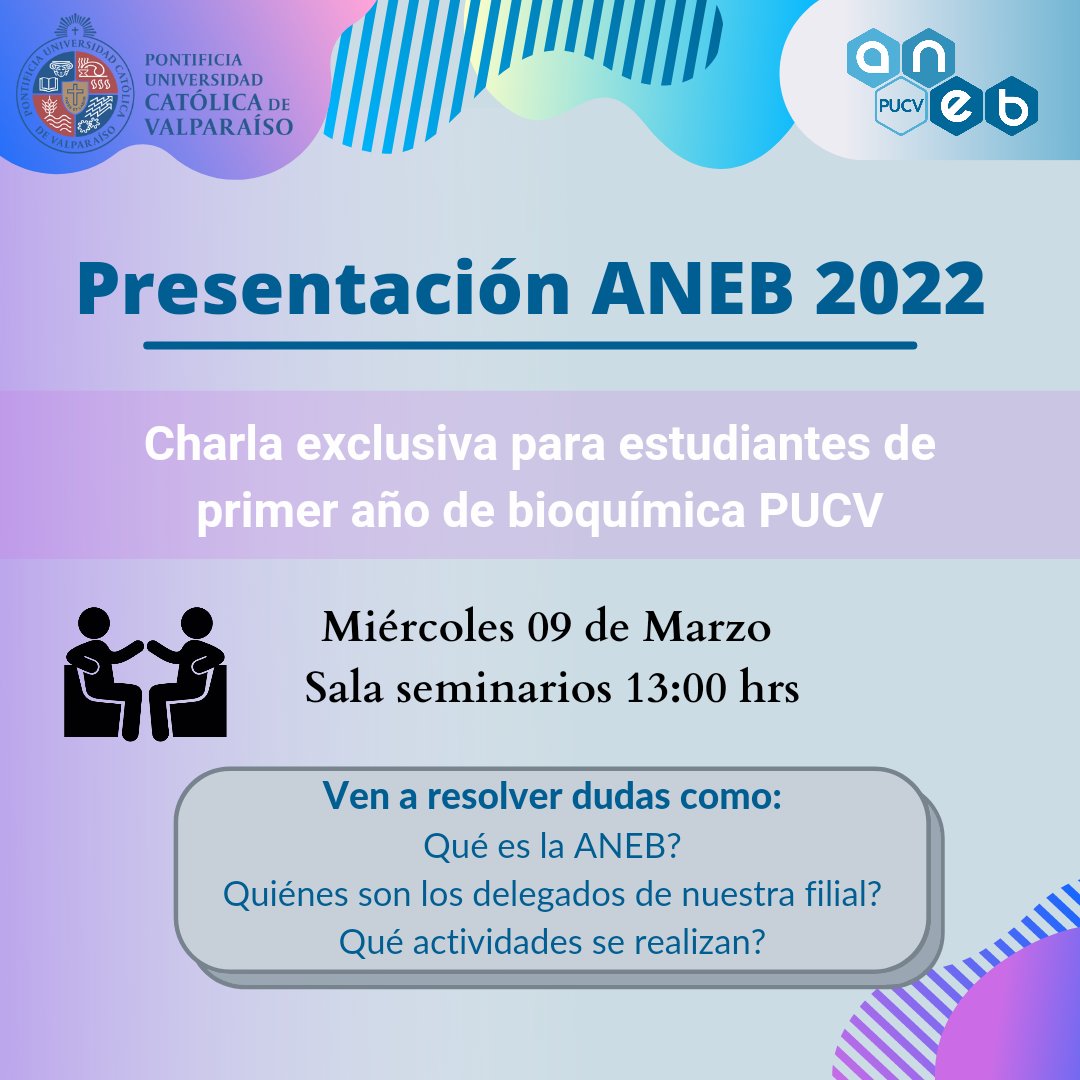 anebpucv's tweet photo. Invitamos a los y las nuevas estudiantes de primer año a participar de esta charla para que conozcan a la ANEB 😎🧪 https://t.co/XJONGBUy2y
