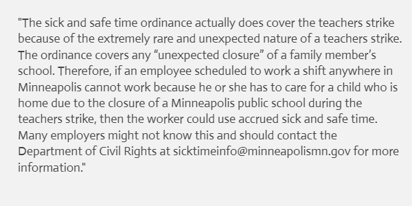 timnelson_mpr's tweet photo. BREAKING: I asked the city if the Minneapolis sick time ordinance, which was written to include school closures, allowed workers to use "sick and safe time" for child care during the Minneapolis teachers strike. The answer I got is below. @MPRNews https://t.co/CtQI4e4BdP