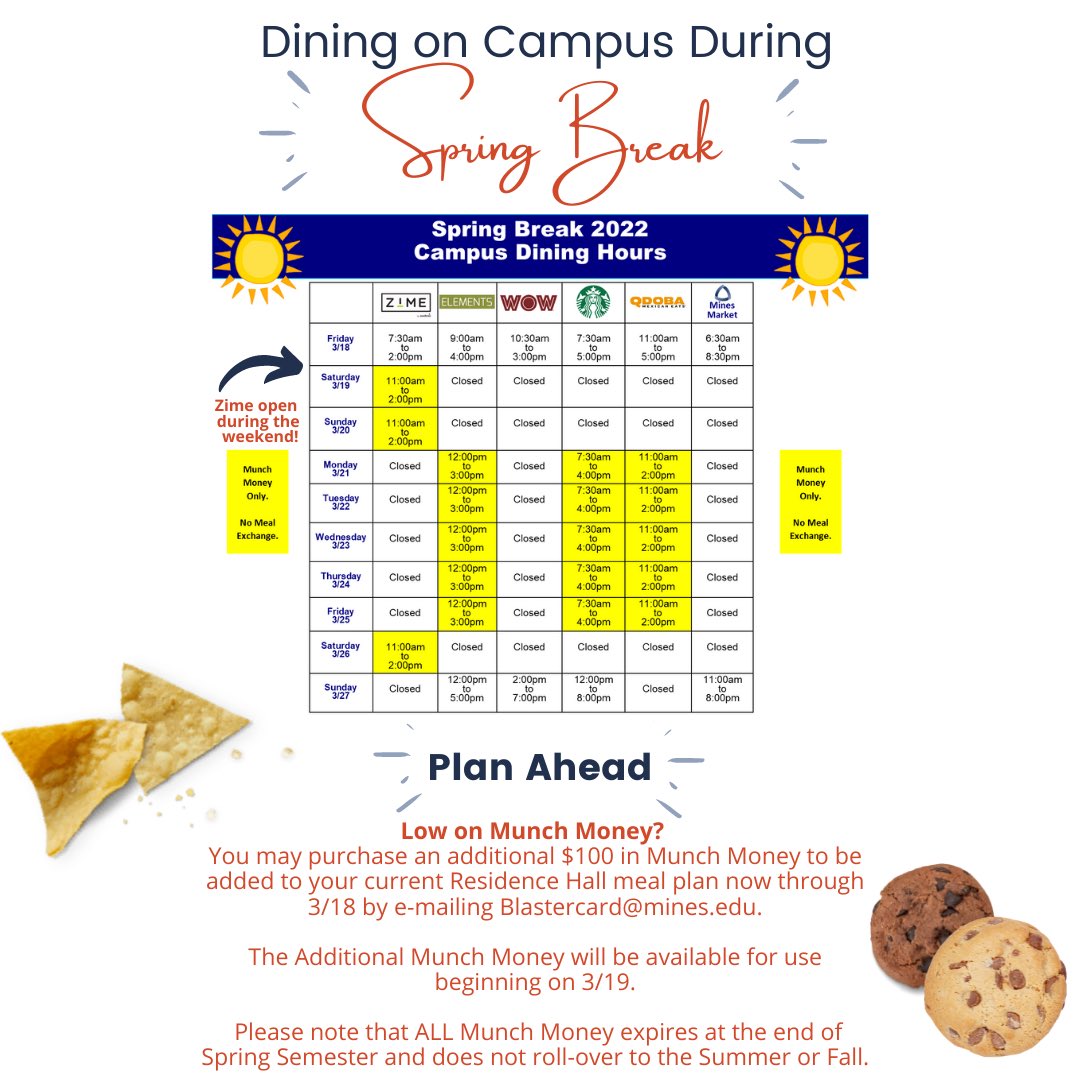 Spring break is just around the corner, Orediggers! Be sure to checkout our dining hours and plan ahead if you are staying on campus. #orediggers #minesdining #coloradoschoolofmines #springbreak