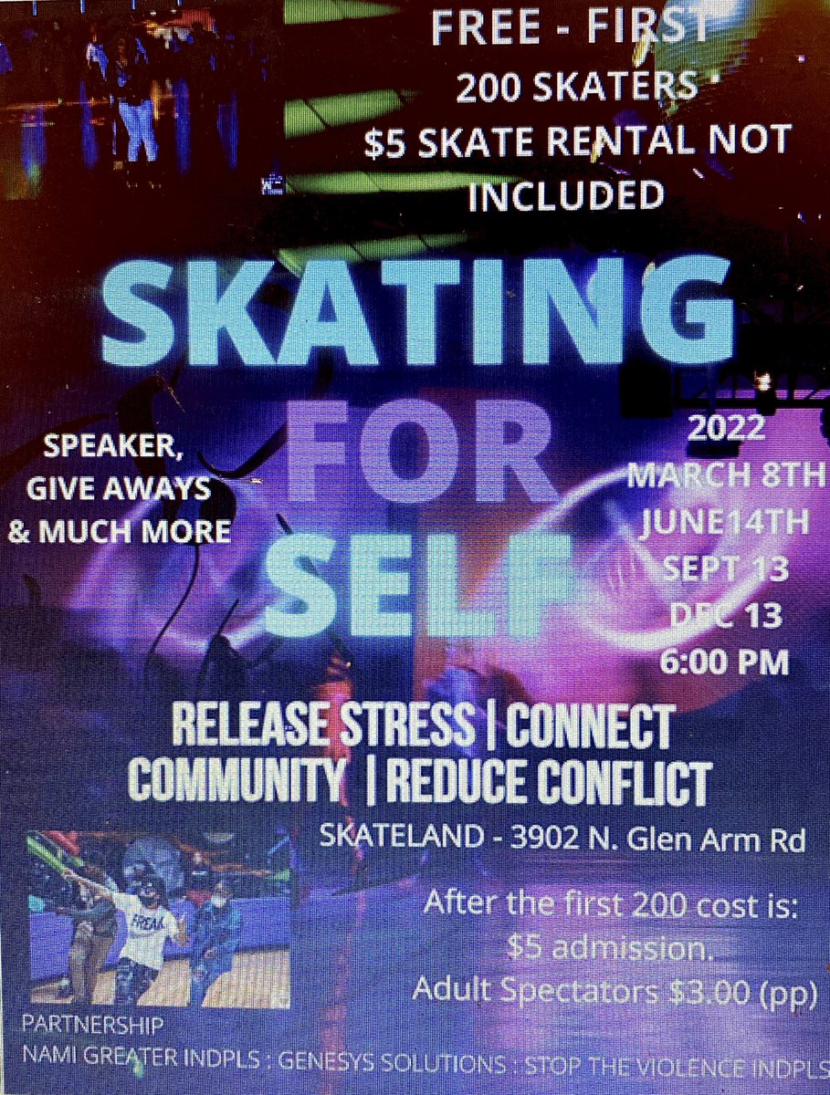 rjohnsonyates's tweet photo. Skating for Self is an event by @NAMIindy , Genesys Solutions, and Stop the Violence Indy organized to promote mental health awareness in the Black Community. DMHA showed UP tonight! Hope to see you at the next one! ❤️ https://t.co/J6gaoJxIAE