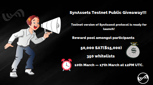 ignilitt1's tweet photo. #SynAssets is pleased to inform that our protocol's testnet version is now available for use. 
50,000 SAT ($15,000) and 350 whitelists will be dispersed among participants for participating in various events.
https://t.co/i0NwW2VA3u https://t.co/MufdZte5nk