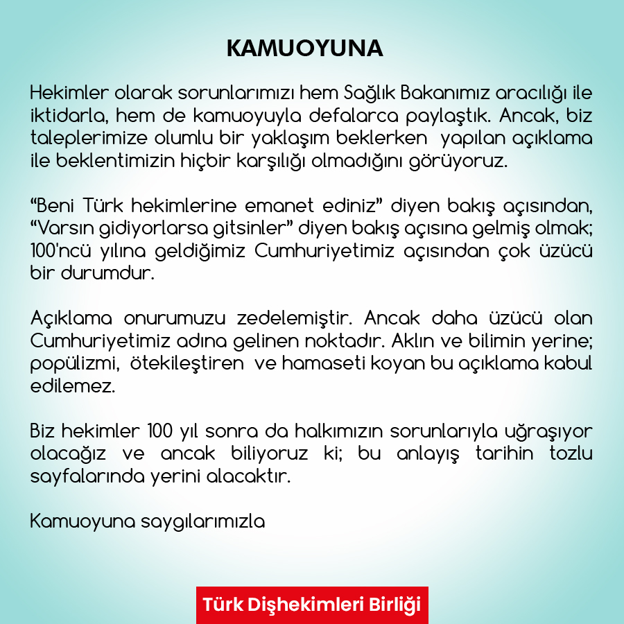 KAMUOYUNA

Haberin detayı için;
tdb.org.tr/icerik_goster.…

#GidecekOlanHekimlerDeğil #HekimlerGitmiyorHakkınıİstiyor #türkdişhekimleribirliği #turkdishekimleribirligi #diş #sağlık #dişhekimi #dişhekimliği #tdböğrencikolu