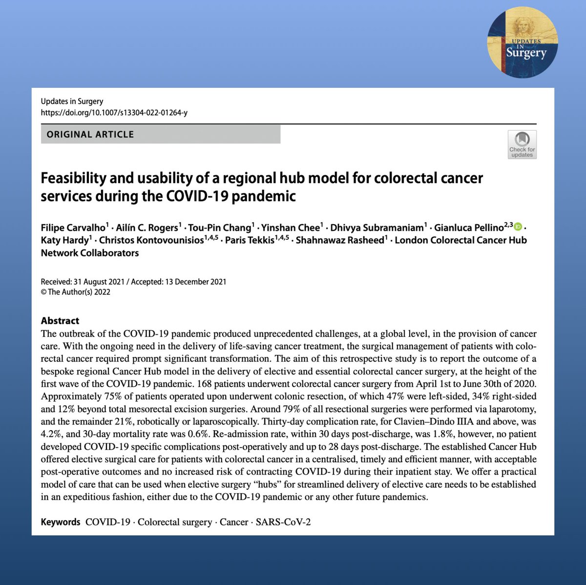 UpdatesSurgery's tweet photo. The aim of this study is to report the outcome of a bespoke regional Cancer Hub model in the delivery of elective and essential #colorectal #cancer surgery, at the height of the first wave of the #COVID19 pandemic.

Full article https://t.co/l6IdFhciEq https://t.co/Xt0aTKiOzH