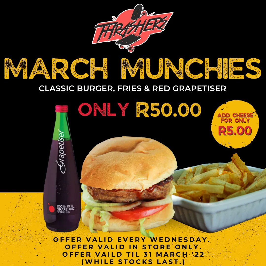 ThrashersSkate's tweet photo. Remember March Munchies. Get yourself a whole meal for R50 bucks on Half-Price Wednesday's for the month of March. https://t.co/7w0bfH7JRr