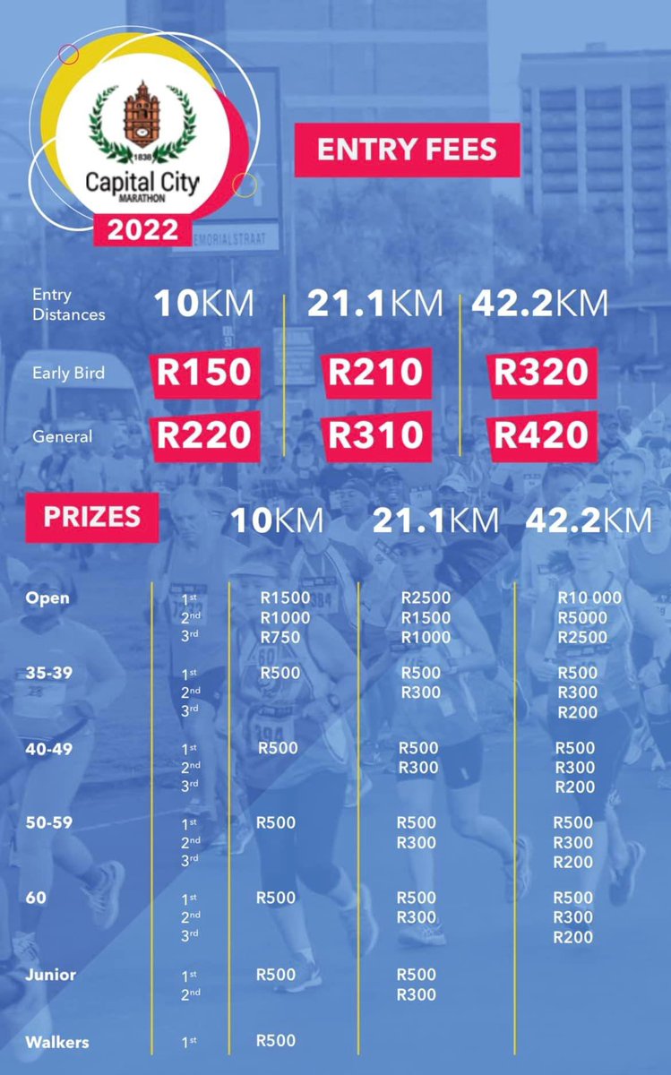 The Marathon Athletes Male or Female will be chasing for a whopping R10 000. 

So why not register early and catch the early bird Entry fee. 

Date: 01 May 2022
Start <a href="/MaritzburgCity/">Pietermaritzburg</a> Hall
Finish @ Msunduzi Athletics Stadium