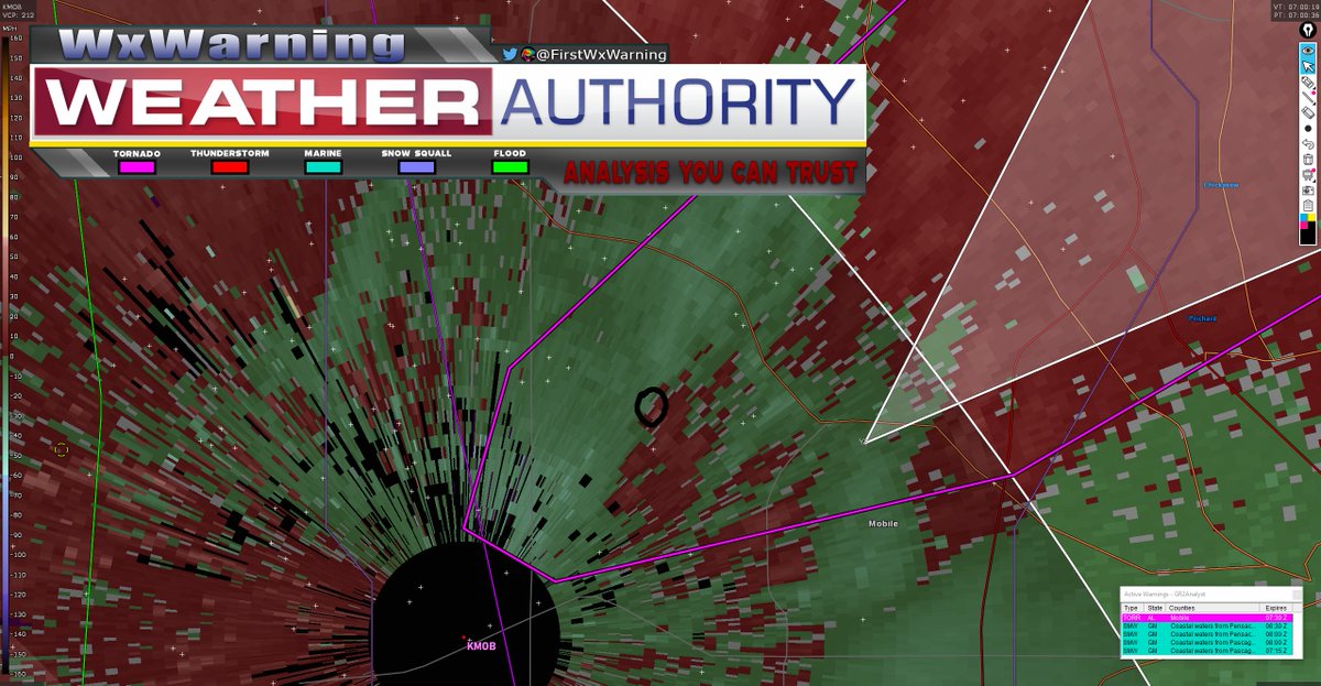 The tornadic couplet is somewhat difficult to distinguish given its proximity to the radar dome but it appears as though it is still on the ground and heading NE. I've circled the #tornado on the radar display #severewx #severeweather #alwx #Alabama #wx
